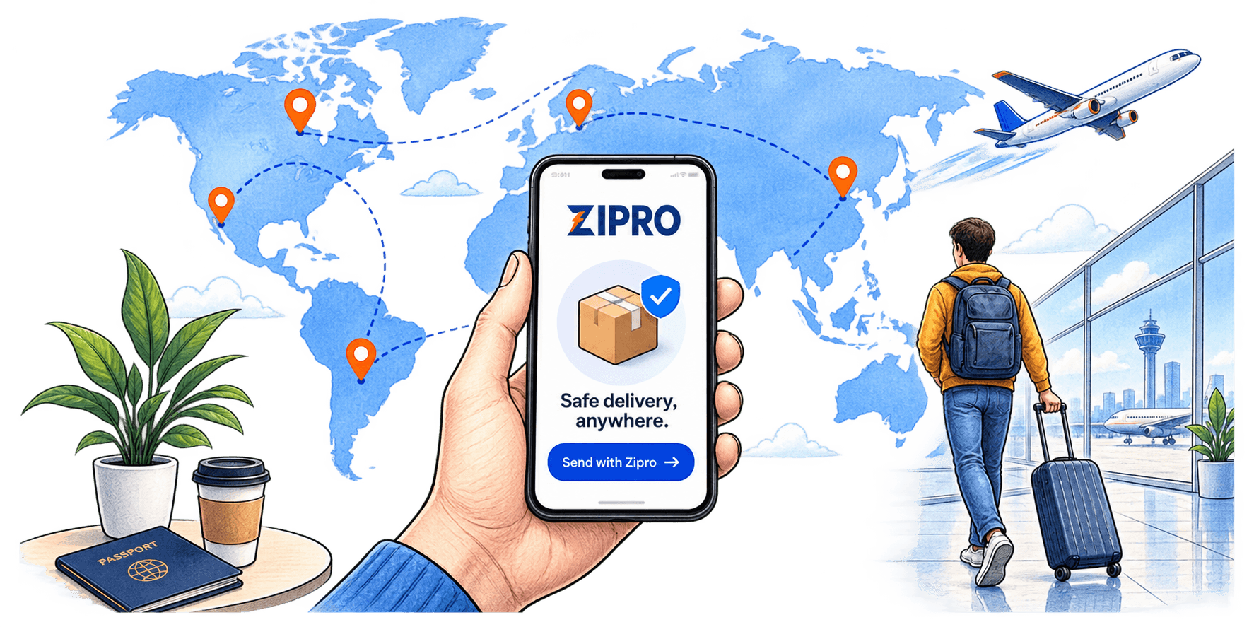Zipro app, global routes, and a traveller at the airport