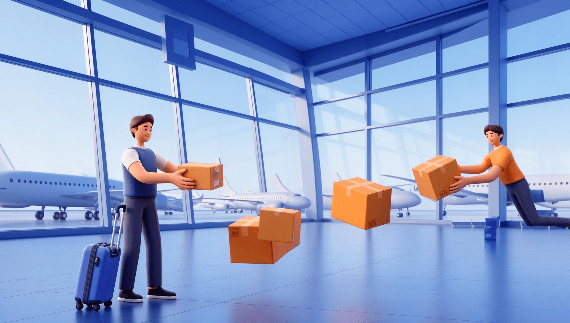 Travellers exchanging parcels at airport